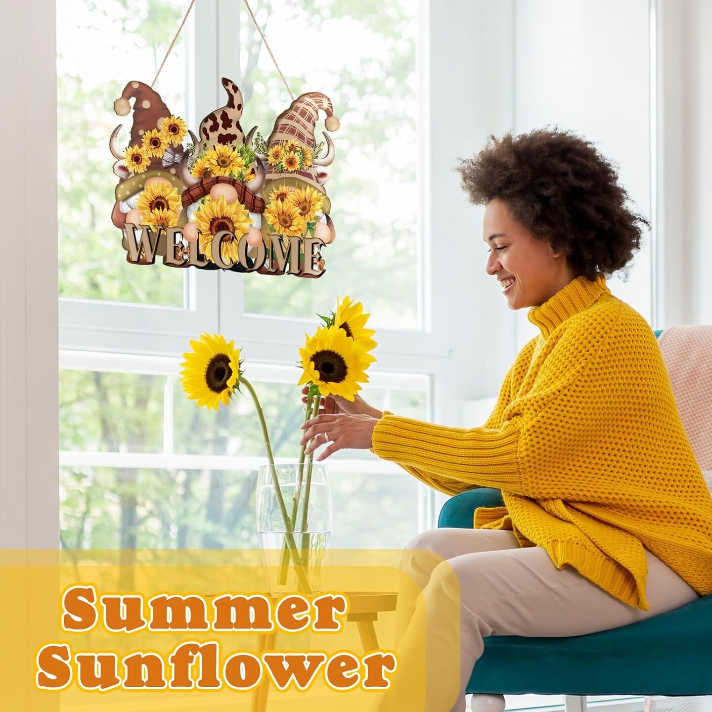 Sunflower Welcome Wood Door Hanger 15 Inch Large Wooden Flower Sign Inspirational Wall Porch Art Summer Fall Front Door Wreath Hanging for Bedroom Living Room Indoor Outdoor Kitchen Home Decor