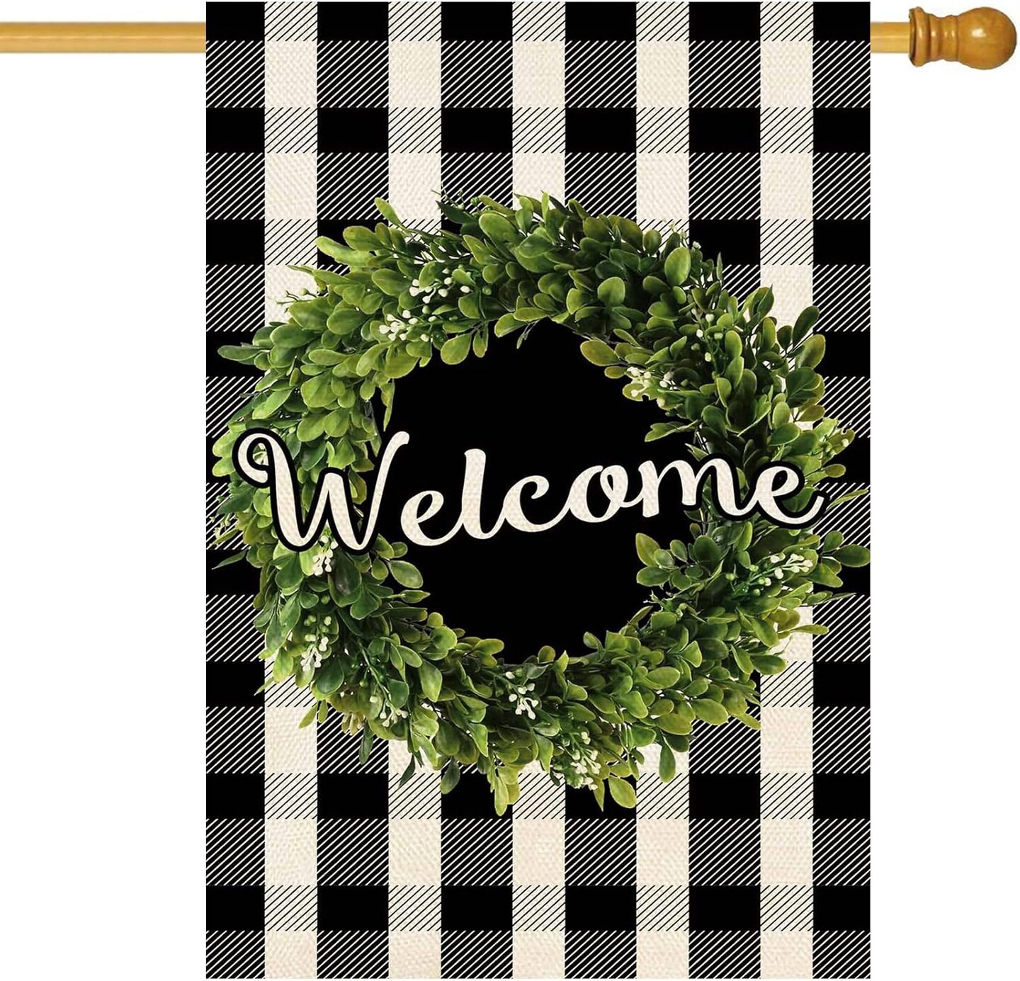 Boxwood Wreath Welcome House Flag Vertical Double Sided, Buffalo Check Plaid Rustic Farmhouse Burlap Garden Yard House Flag Outdoor Decoration 28 x 40 Inch