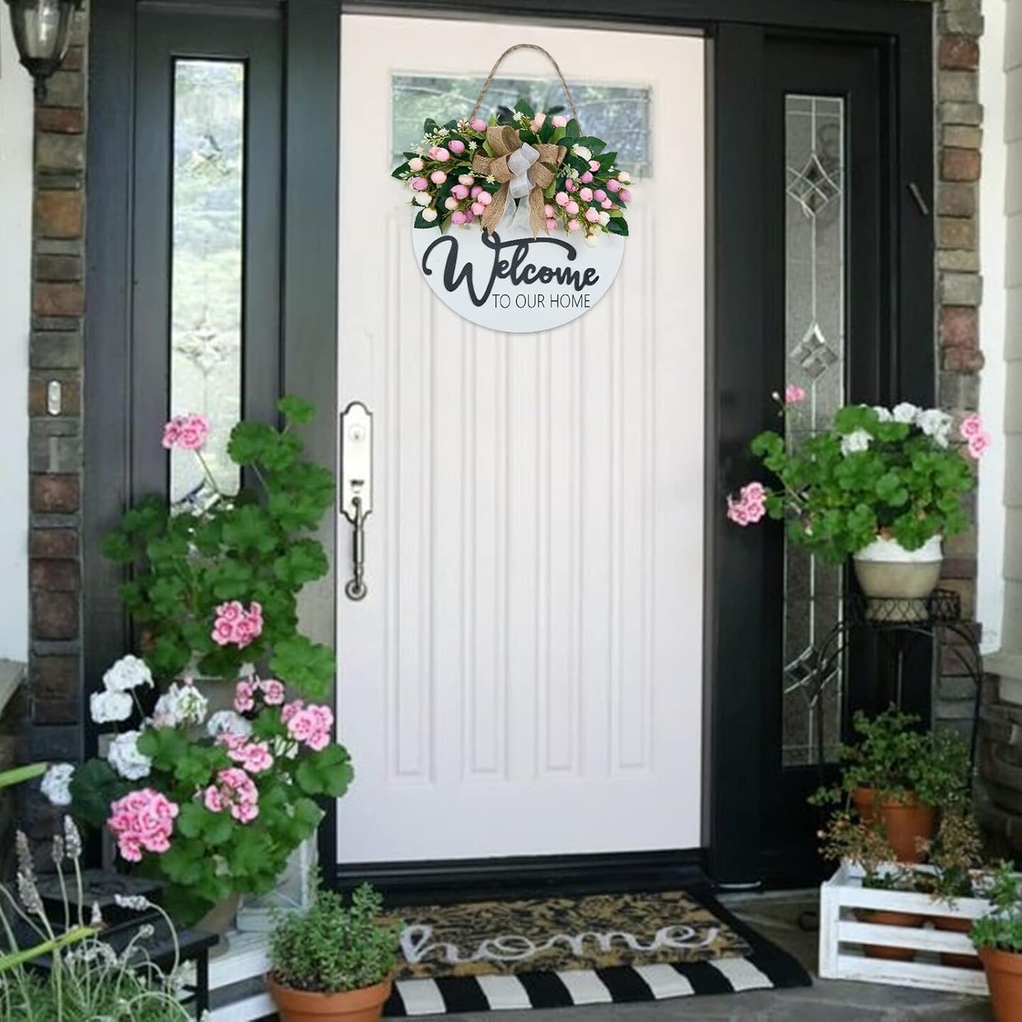 3D Spring Summer Welcome Wreaths for Front Door, Wood Door Hanger,Floral Porch Decor,Wall Plaque, Pink Flower Wreath,Farmhouse White Welcome Sign for Front door-13