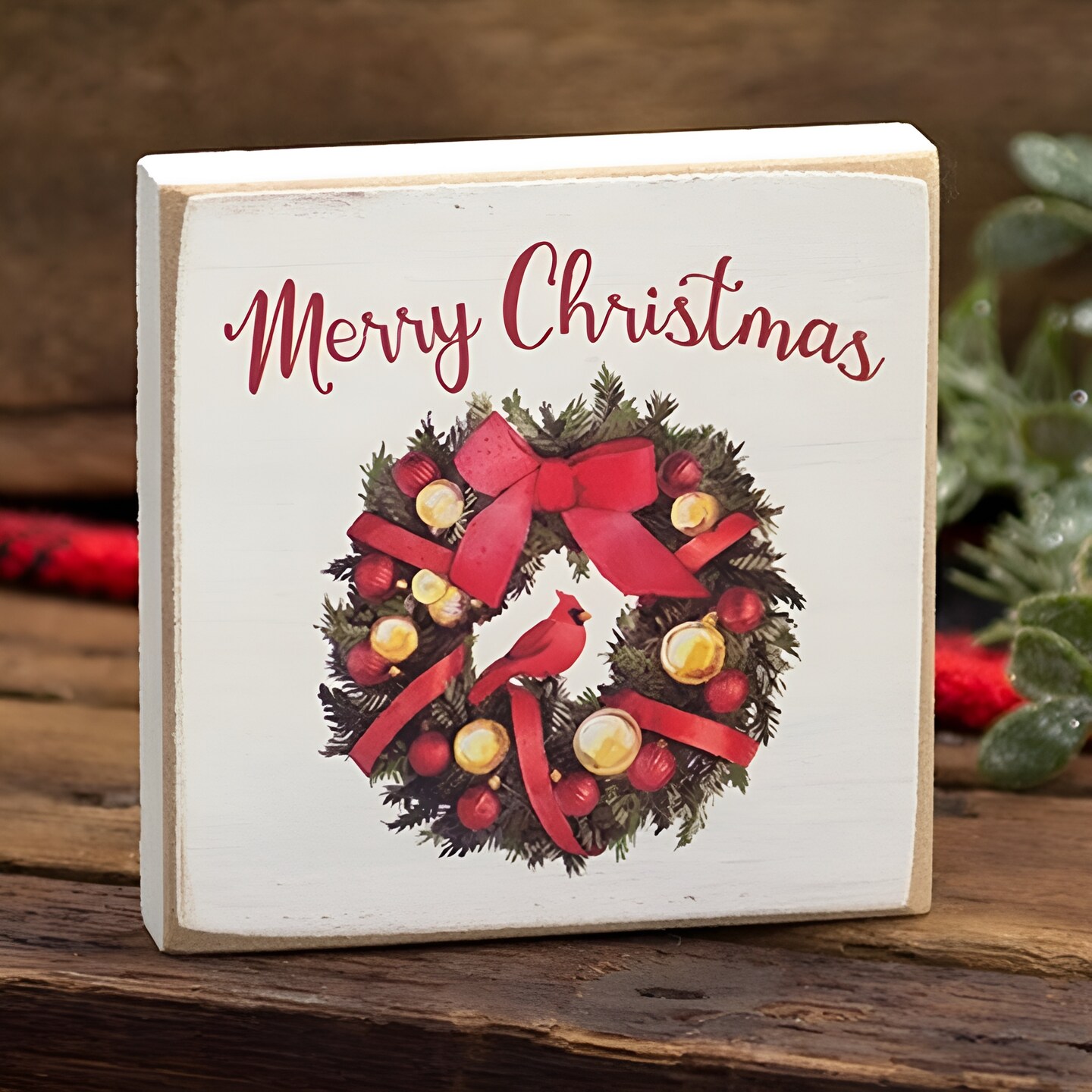 Merry Christmas Wreath Wood Block Sign for Farmhouse Holiday Decor