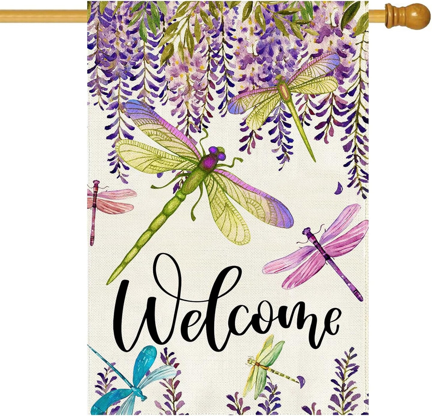Spring Summer Flower House Flag Wisteria Dragonfly Floral Welcome House Flag Burlap Double Sided Vertical Seasonal Farmhouse Wedding Yard Outdoor Decoration 28 x 40 Inch (Large)