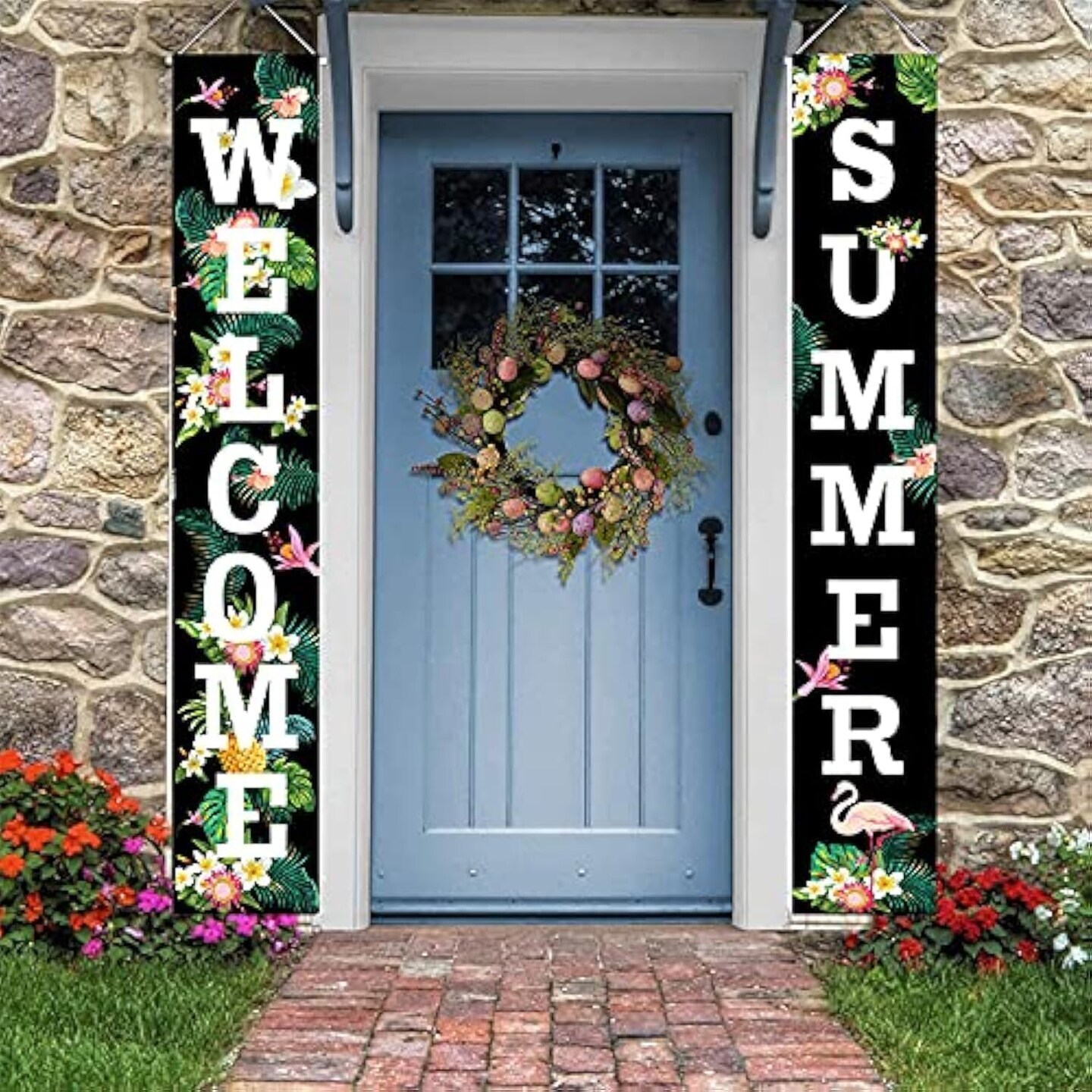 Welcome Summer Porch Sign, Floral Flamingo Welcome Summer Banners for Outside Door, Hawaii Party Decorations, Hanging Banner Flag, Door Hanging Banners Supplies