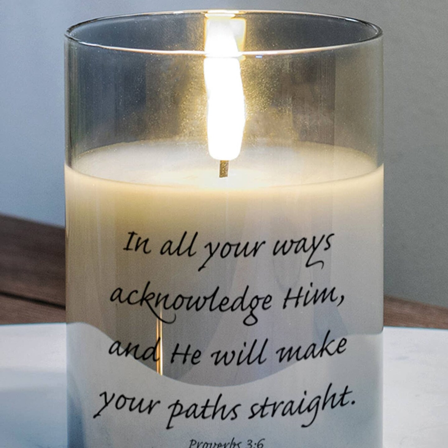 Edge Collection - 4" x 3" - Gray - Inspirational LED Candle with Proverbs Verse - 1 Piece