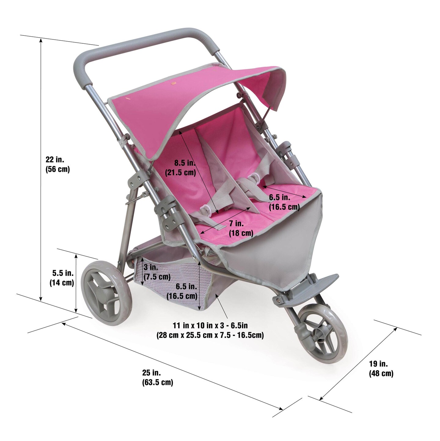 Badger Basket Trek 3-Wheel Folding Twin Doll Jogging Stroller - Gray/Pink