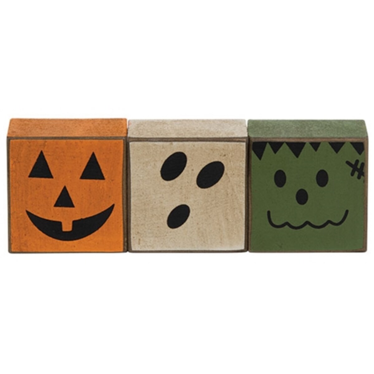 Halloween Wooden Blocks Set of 3 &#x2013; Family-Friendly Ghost, Jack O&#x2019; Lantern &#x26; Frankenstein Painted D&#xE9;cor