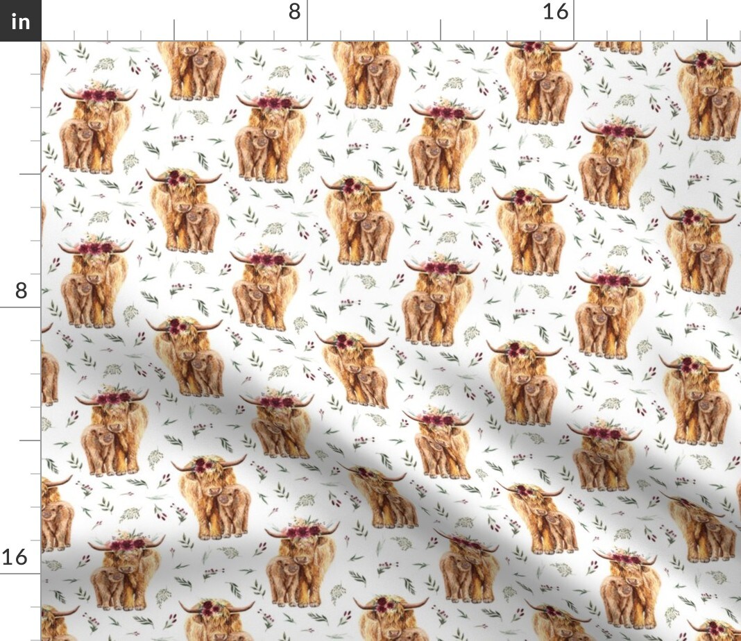 Highland Cows Leaves Maroon Floral Calf Cattle Cow Custom Printed Fabric by Spoonflower Various Fabrics by the Yard or Fat Quarter