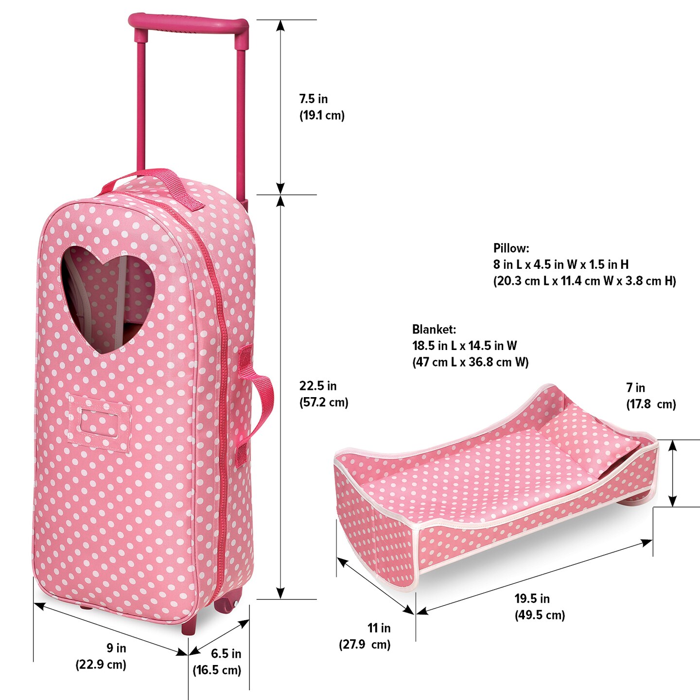 Badger Basket 3-in-1 Trolley Doll Carrier with Rocking Bed and Bedding - Pink/Polka Dot