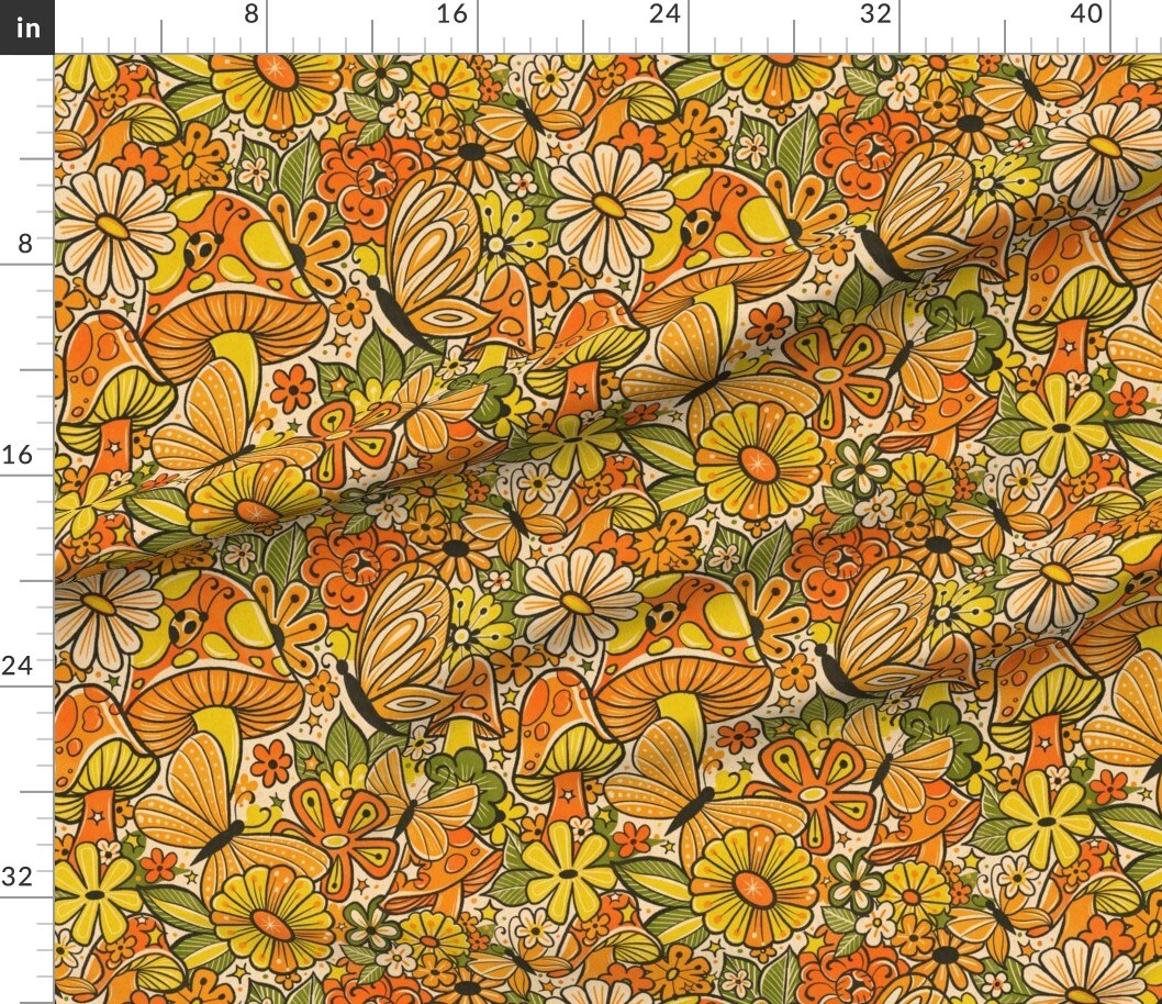 Various Fabrics by the Yard or Fat Quarter Retro Shrooms Mushroom Butterfly 1970S Hippie Groovy Daisies Flower Power Boho Brown Orange Yellow Custom Printed Fabric by Spoonflower