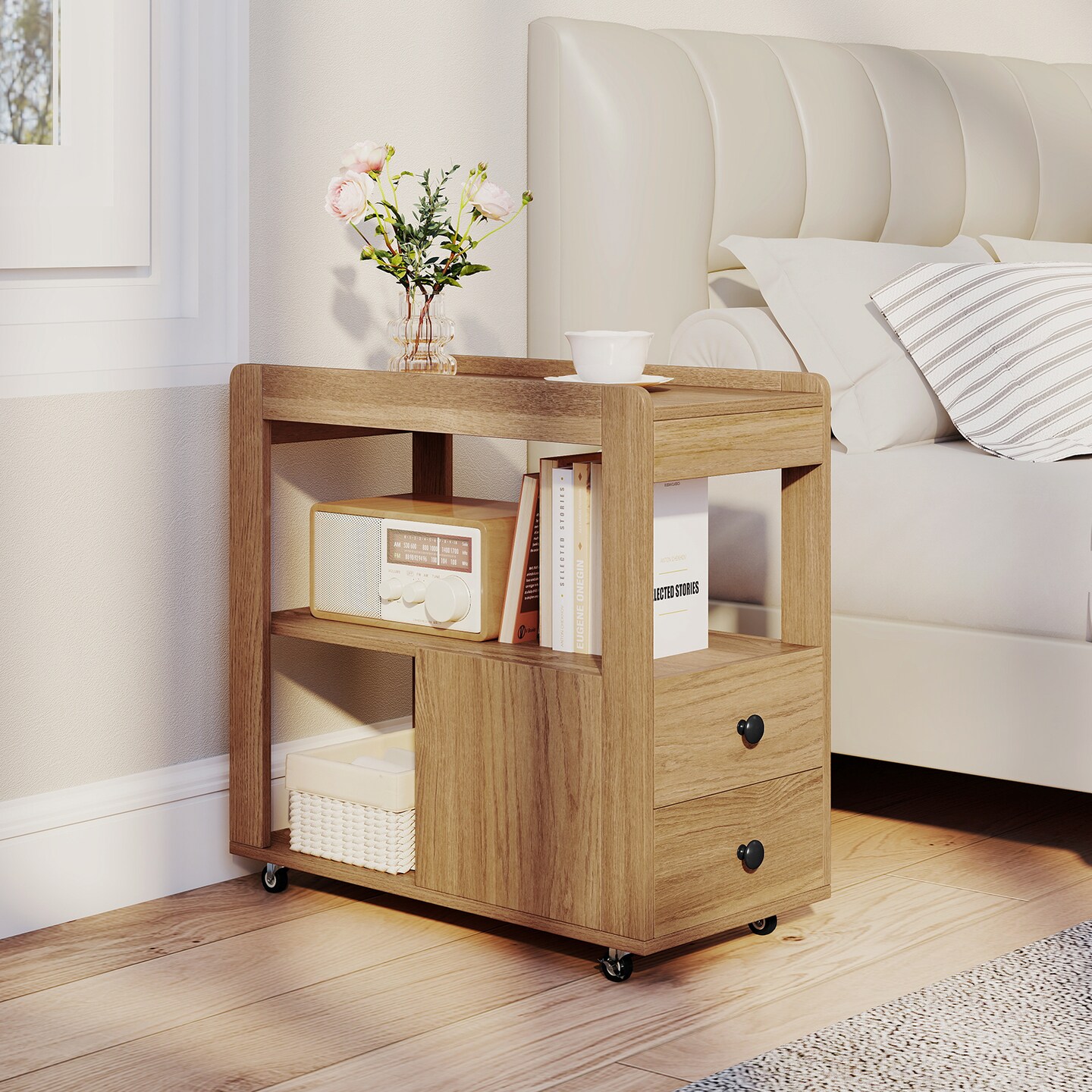 Versatile 2-Drawer Sofa Side Table with Shelves for Small Space Storage