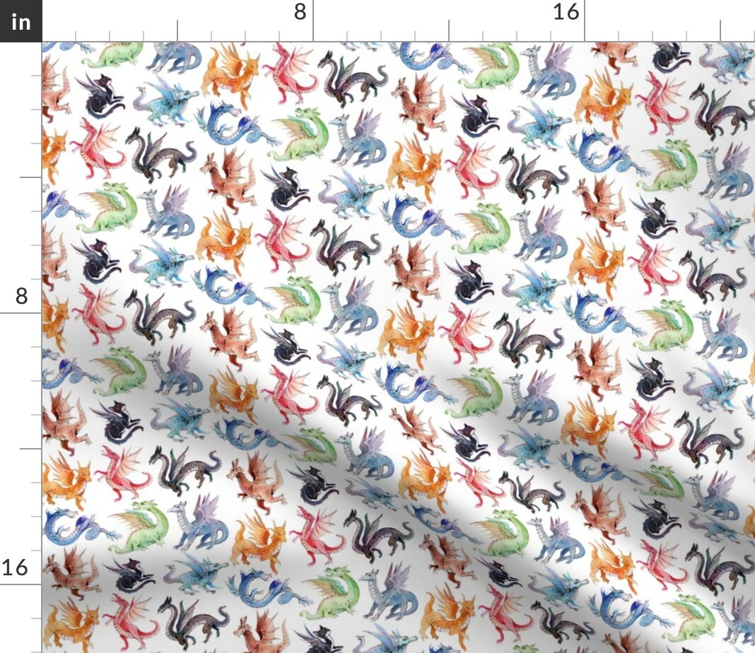 Dragons Mythical Creatures Fantasy Cat Watercolor Paint Whimsical Custom Printed Fabric by Spoonflower Various Fabrics by the Yard or Fat Quarter