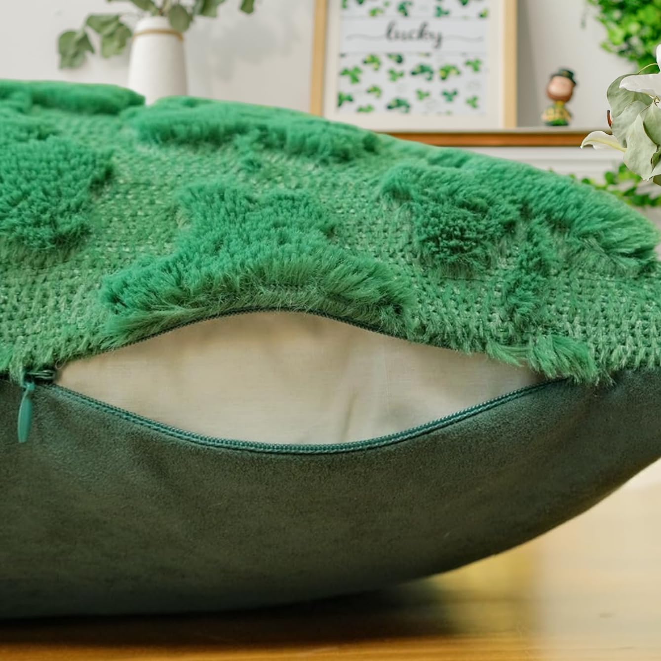 St Patricks Day Pillow Covers, 18x18 Inch Set of 2 Green Shamrock Throw Pillows, Soft Plush & Faux Fur Decor for Couch Sofa Bedroom, Holiday Home Decorations