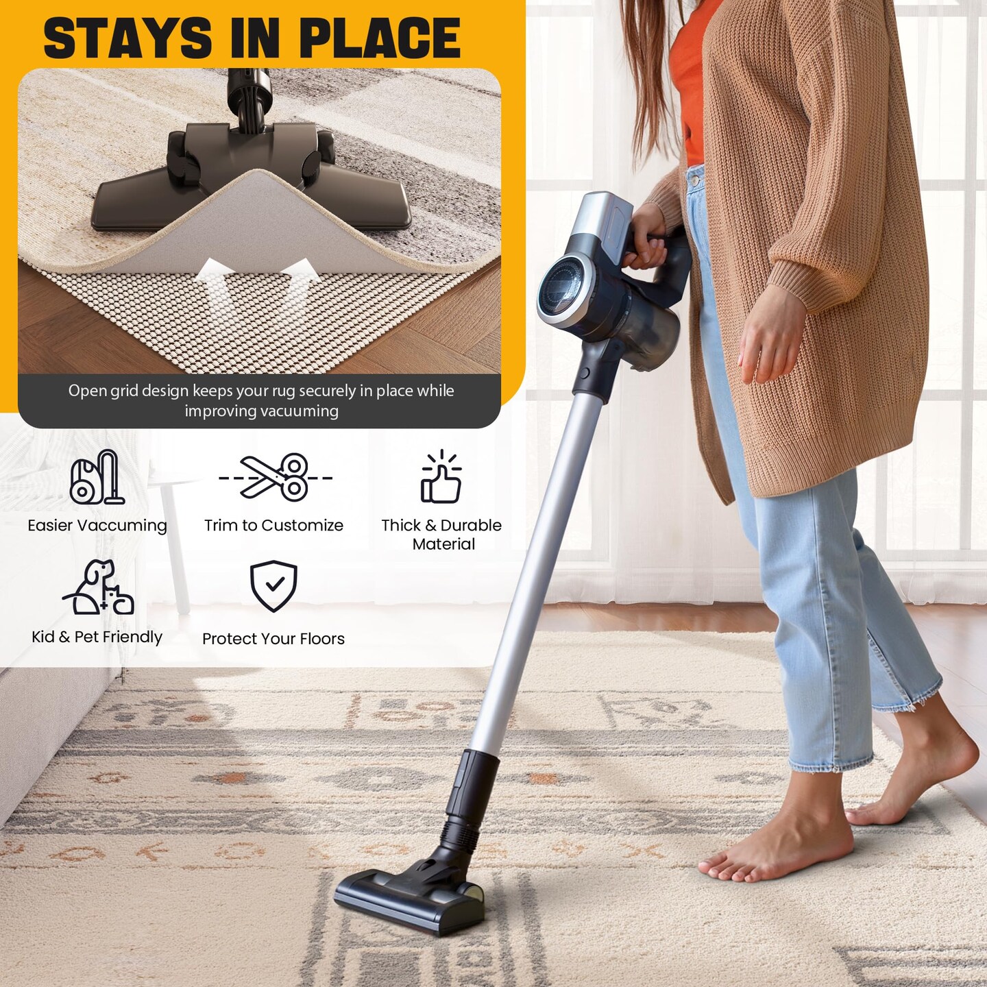 Non-Slip Rug Pad Gripper 8x10 Feet, Anti Skid Mat for Under Area Rugs, Keeps Rugs in Position and Safe, Thick Cushioned Carpet Pad for Hardwood Floors Protection