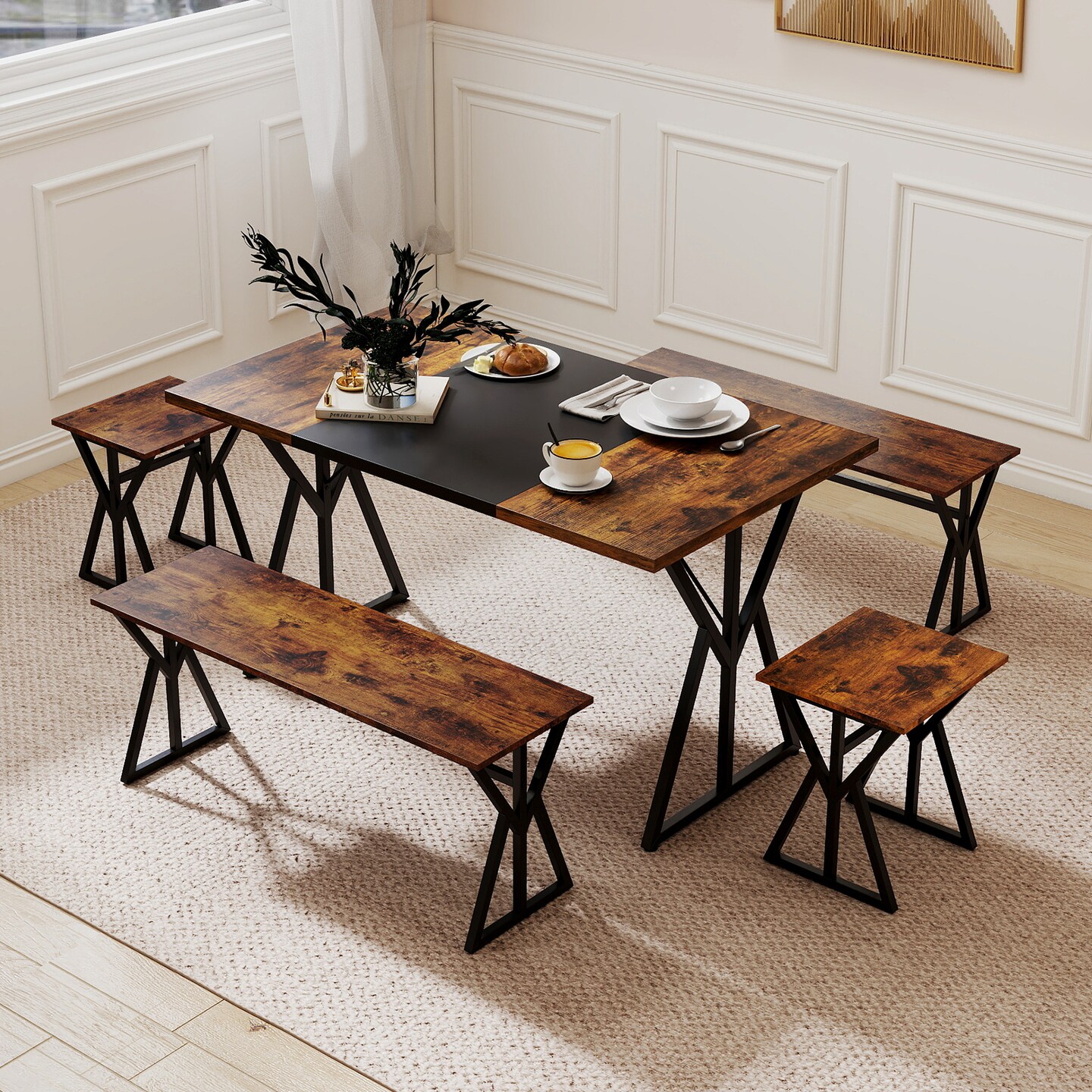 Rustic 5 Piece Dining Table Set Space Saving Benches and Stools Rustic Brown Black