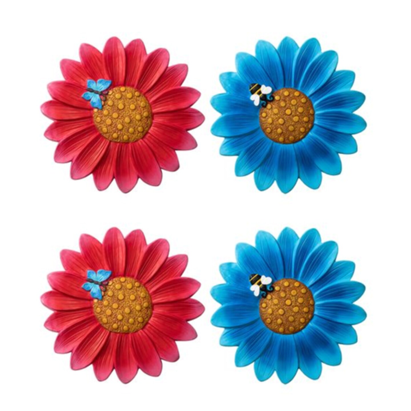 10"D Set of 4 Cement Flower Style and Textured Stepping Stones with Butterfly and Bee