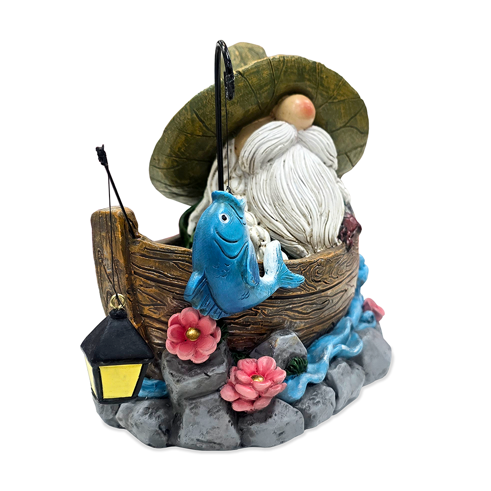 Fishing Gnome with Lantern Garden Statue, 6" Lighted Dwarf Figurine Outdoor Decor