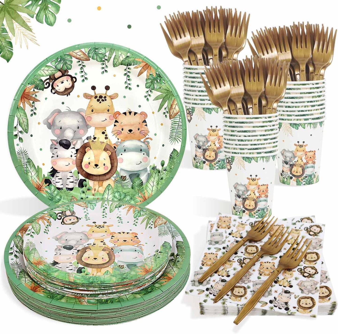 Safari Jungle Baby Shower Tableware Set – Sage Green for 25 Guests