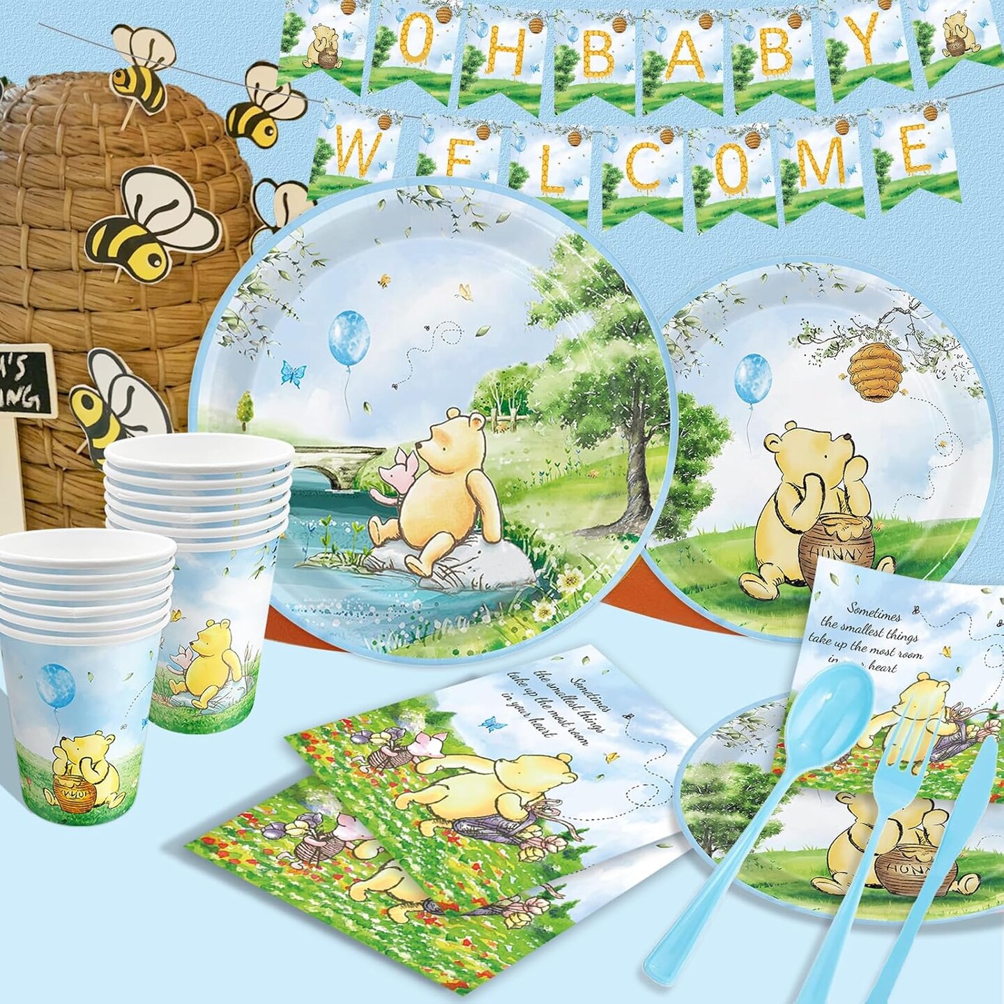 177pcs Blue Winnie Bear Baby Shower Pooh Decorations and Tableware Sets - 25 Guests