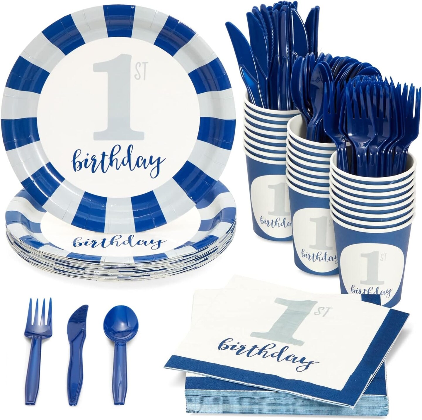 144-Piece Baby First Birthday Decorations and Tableware Sets - Nautical Blue (Serves 24)