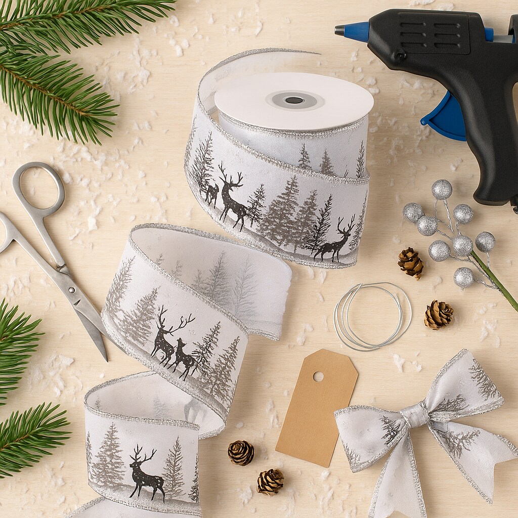 Designer&#x2019;s Shop WR 63-5206 Winter Forest Reindeer Wired Edge Ribbon &#x2013; 2.5&#x22; x 10 Yards &#x2013; Snowy Deer Scene on White &#x2013; Christmas Craft, Wreath &#x26; Gift Wrapping Decoration