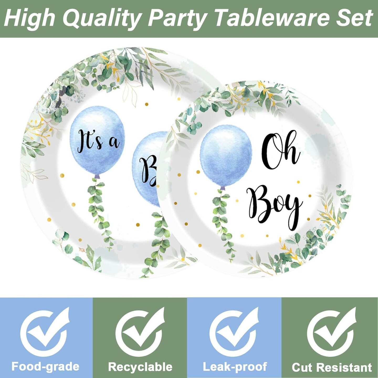 200-Piece Oh Boy Blue Balloon & Eucalyptus Baby Shower Tableware Set