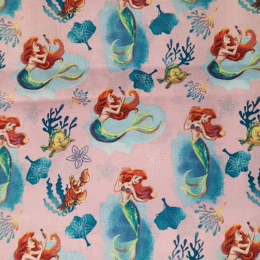 Licensed Disney Prints - Little Mermaid Princess Ariel Pink Cotton Fabric by the Yard