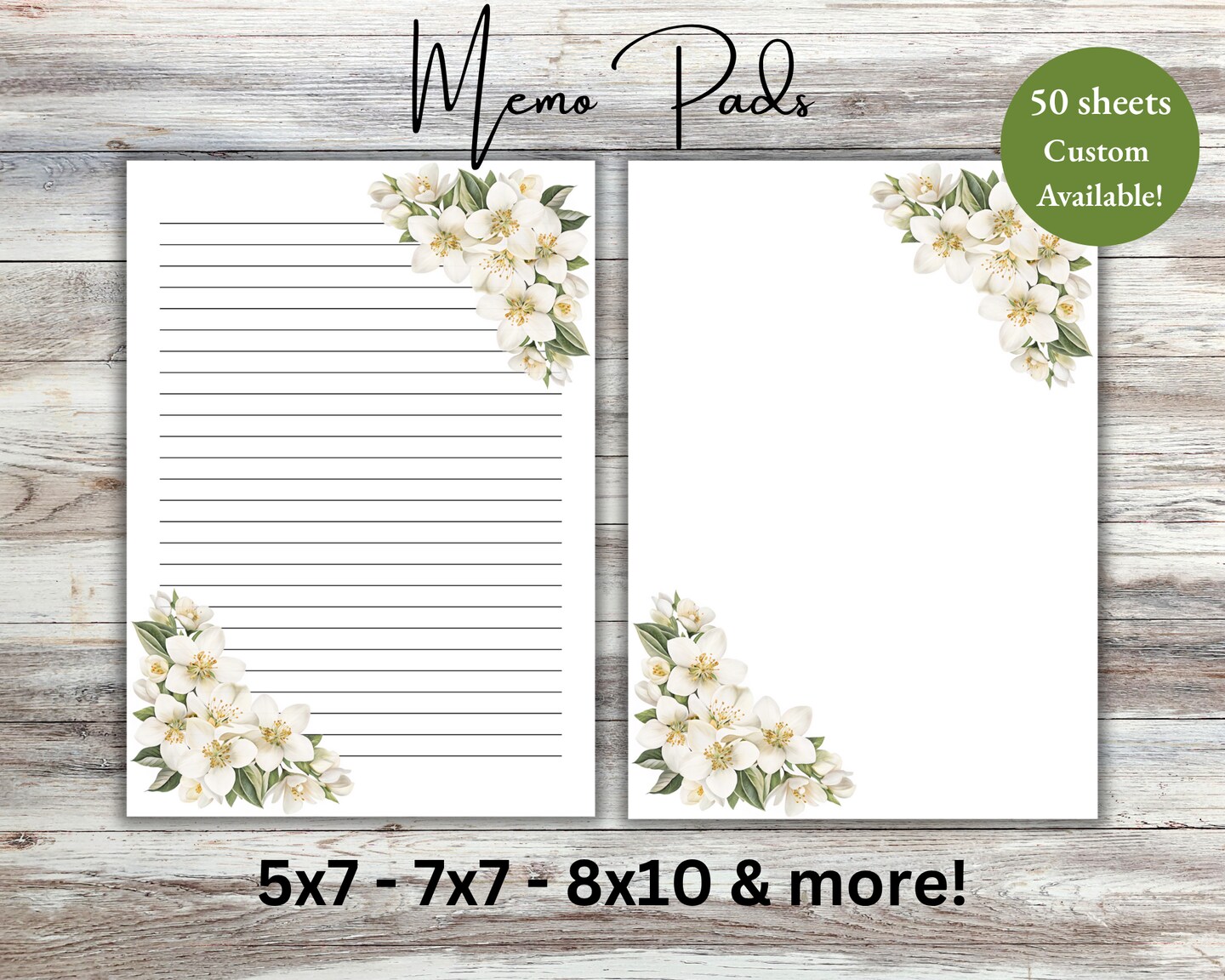 White Jasmine Floral Notepad: Stationary, Writing Pad, Memo Pads, 50 ...