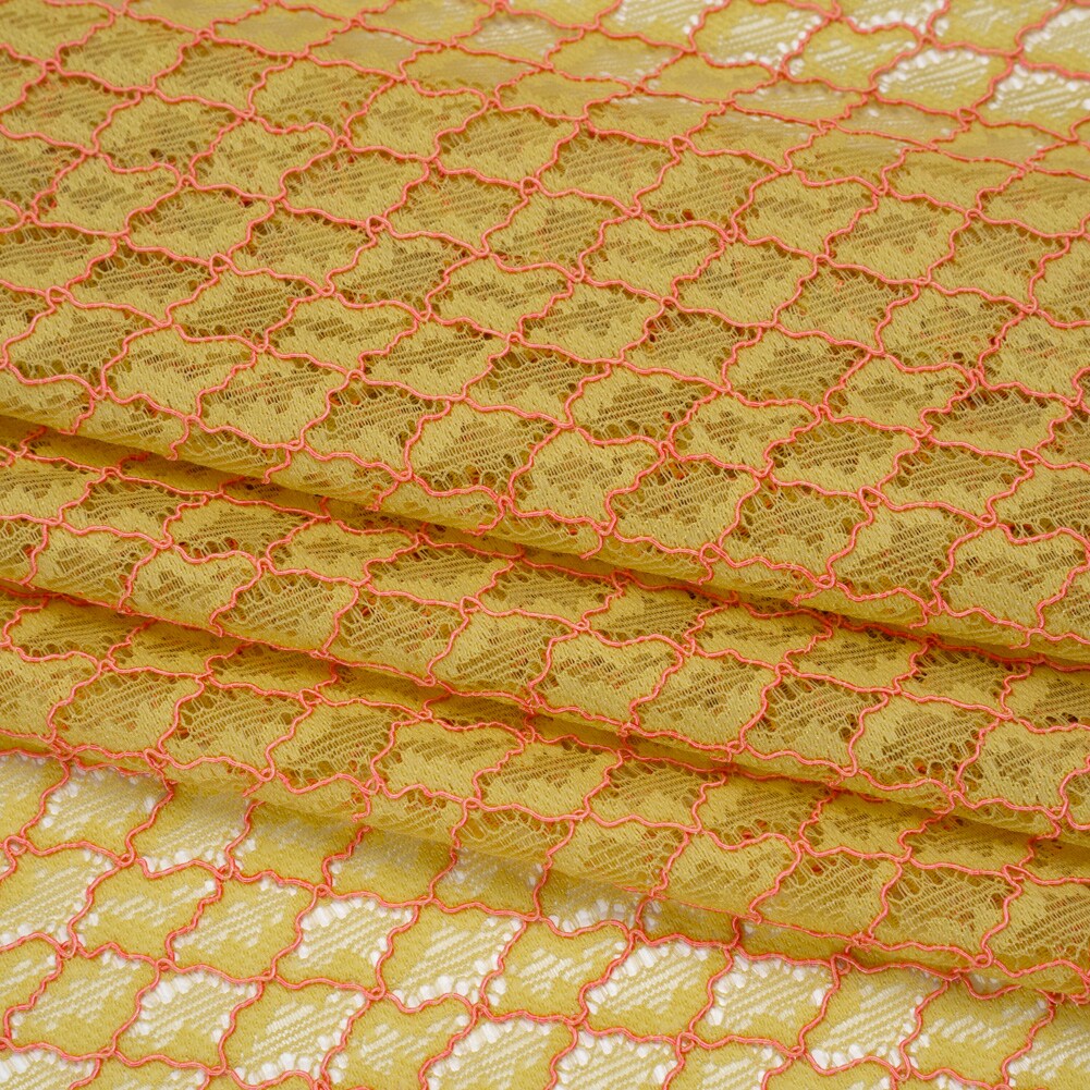 1 Yard Chartreuse Confetti Pink Corded Lace Fabric Diamond Lattice Eyelash Edge Sheer 50 Inch Width