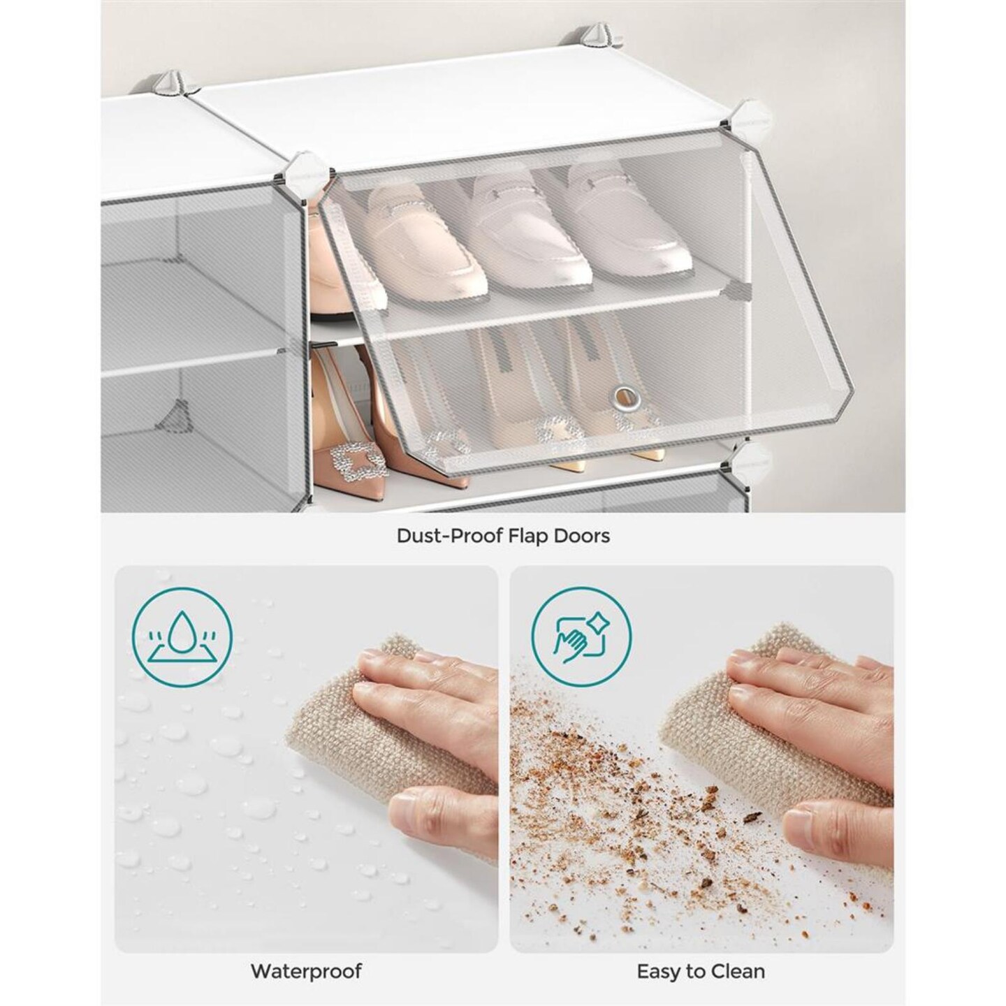 White Modular Plastic Shoe Organizer Cabinet 32 Pair Storage Rack with Adjustable Compartments Clear Door Dustproof Shoe Storage Unit for Home