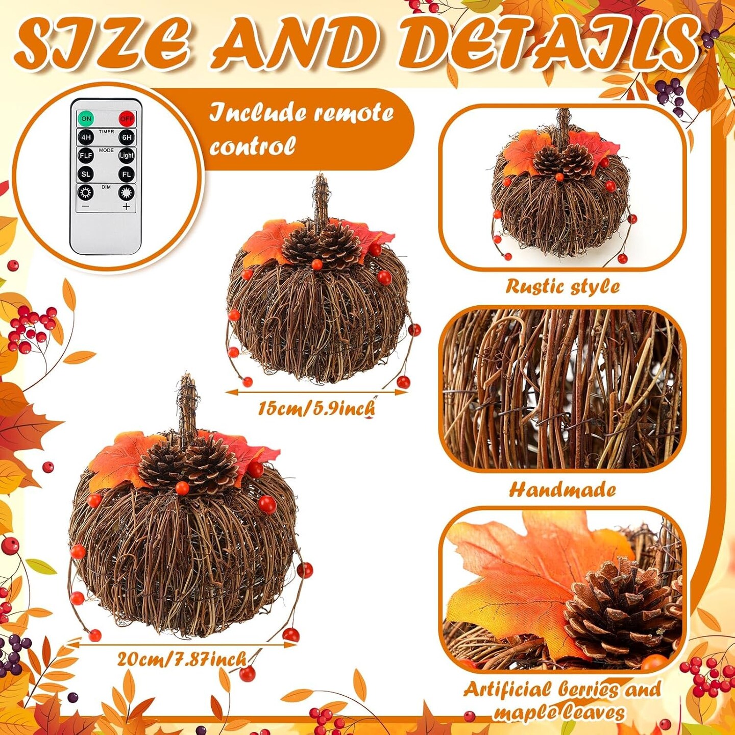 2 Pcs Rattan Lighted Pumpkin Fall Decorations - Brown