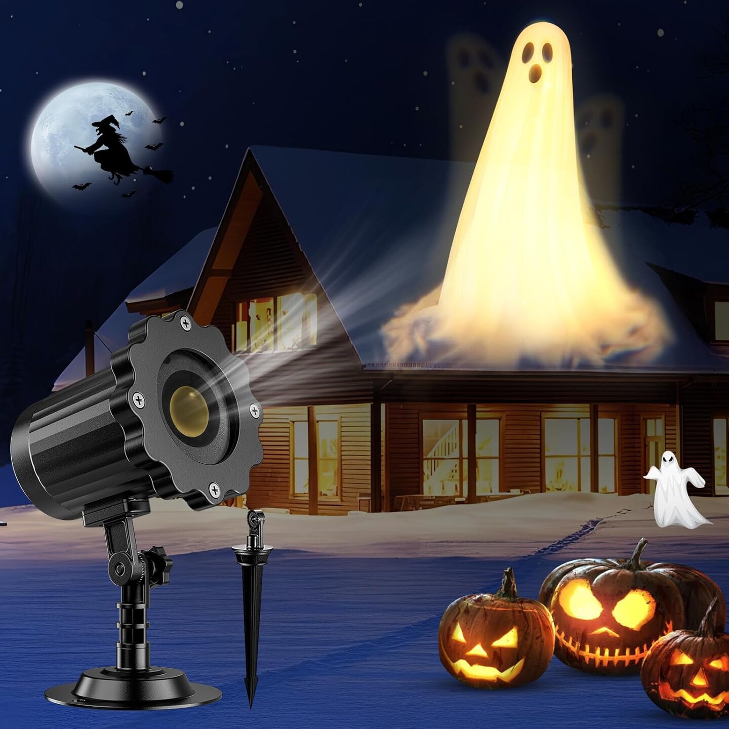 Halloween Outdoor Projector Lights – 2025 Upgraded 3D Dynamic Ghost Projection, Ultra-Clear HD Moving Ghost Patterns, Waterproof Night Light for Home, Window, Wall & Garden Halloween Decorations (White)