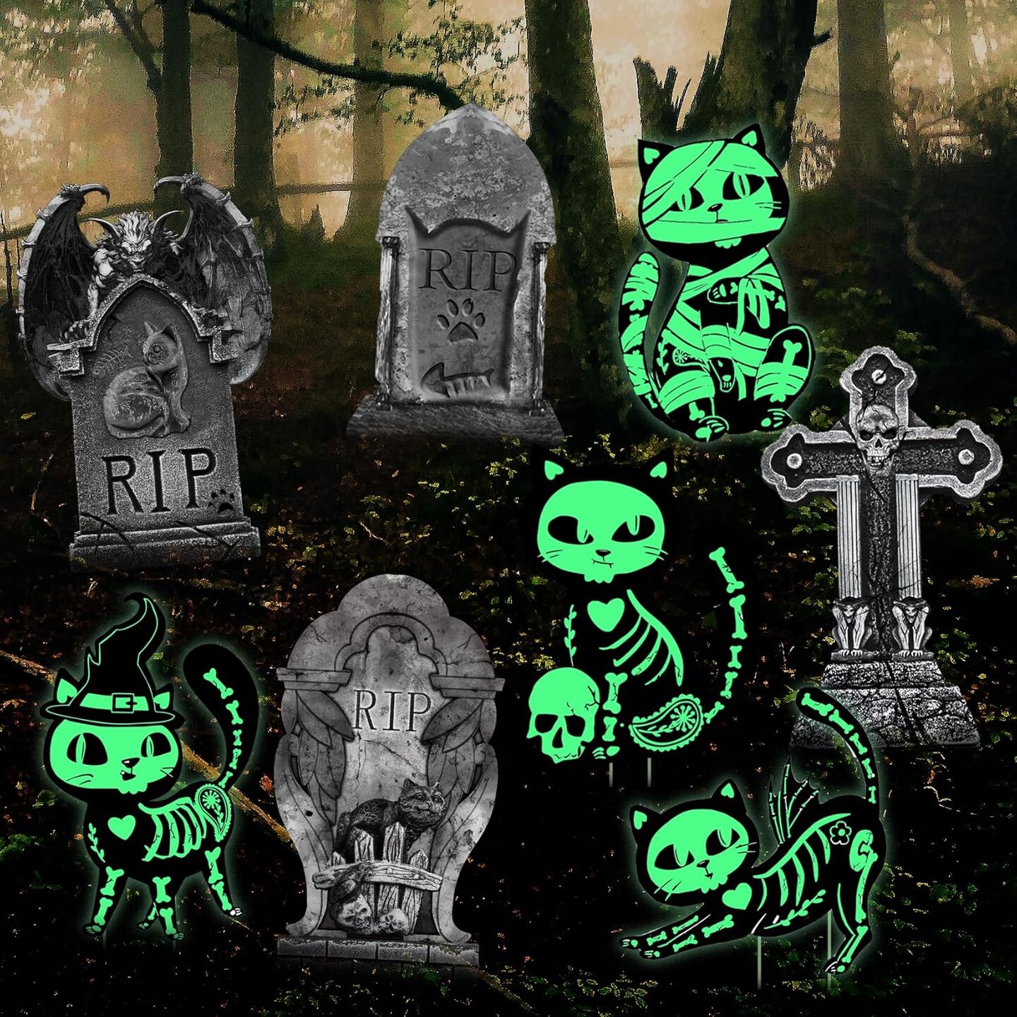 8PCS Halloween Decorations Outdoor, 4pcs Glow in the Dark Black Cat 4pcs Graveyard Tombstones Signs