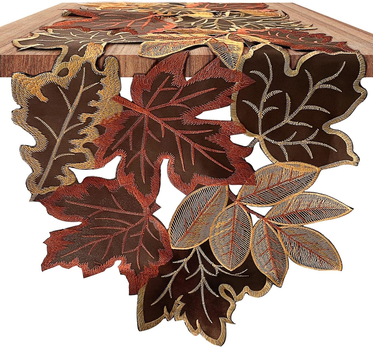 Fall Thanksgiving Table Runner with Embroidered Maple Leaves