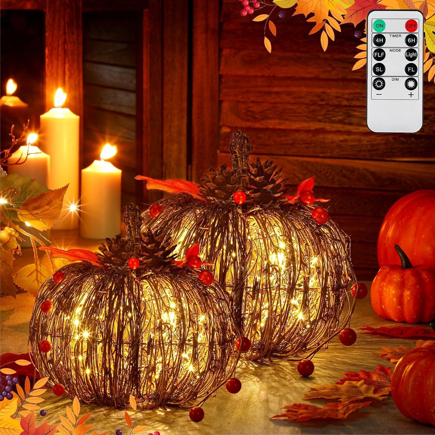 2 Pcs Rattan Lighted Pumpkin Fall Decorations - Brown