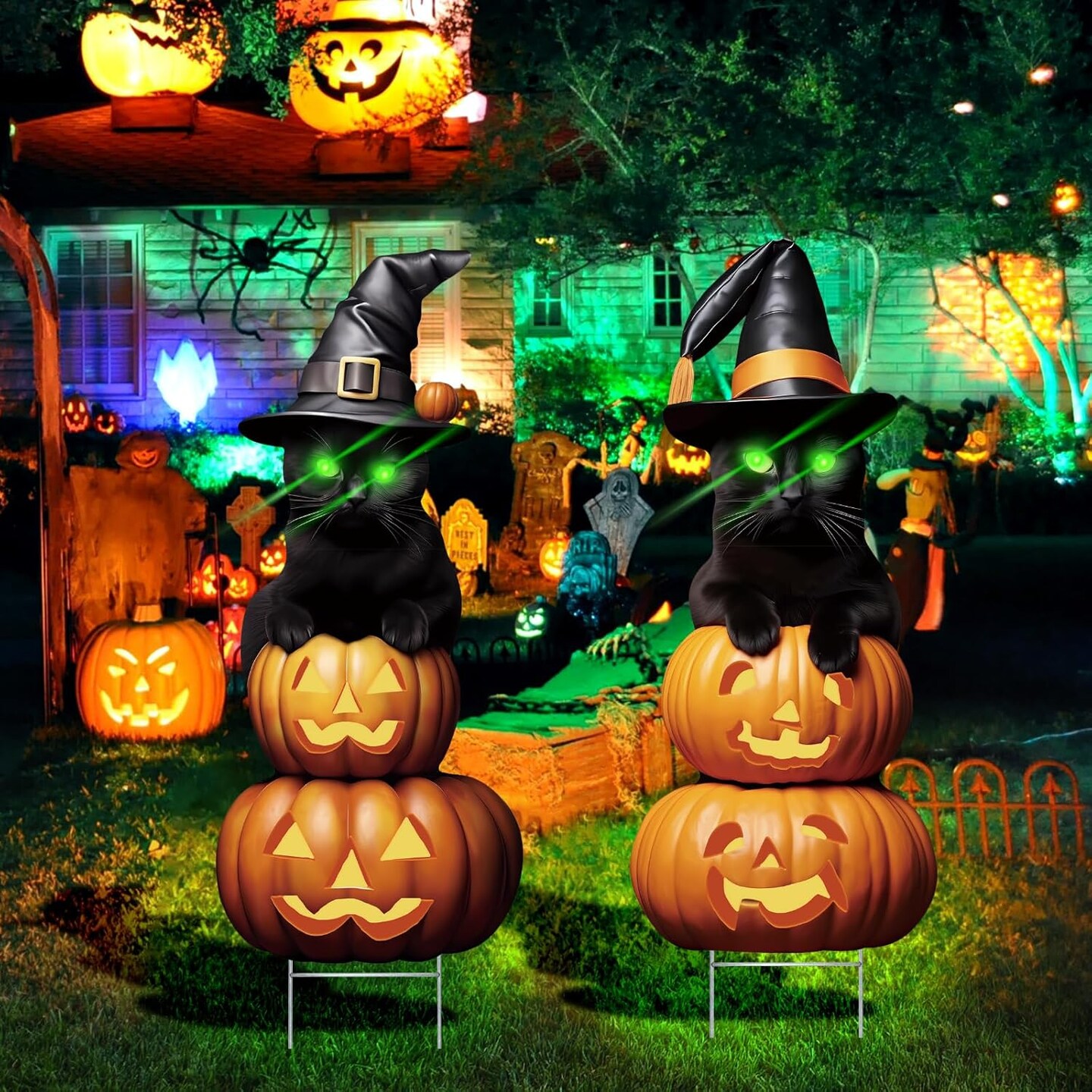 2Pcs 4.0FT Black Cat Halloween Decorations Outdoor- Plastic Yard Signs With Stakes