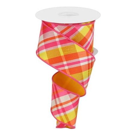 2.5&#x22; Diagonal Plaid Fused Ribbon: Hot Pink/Yellow (10 Yards)