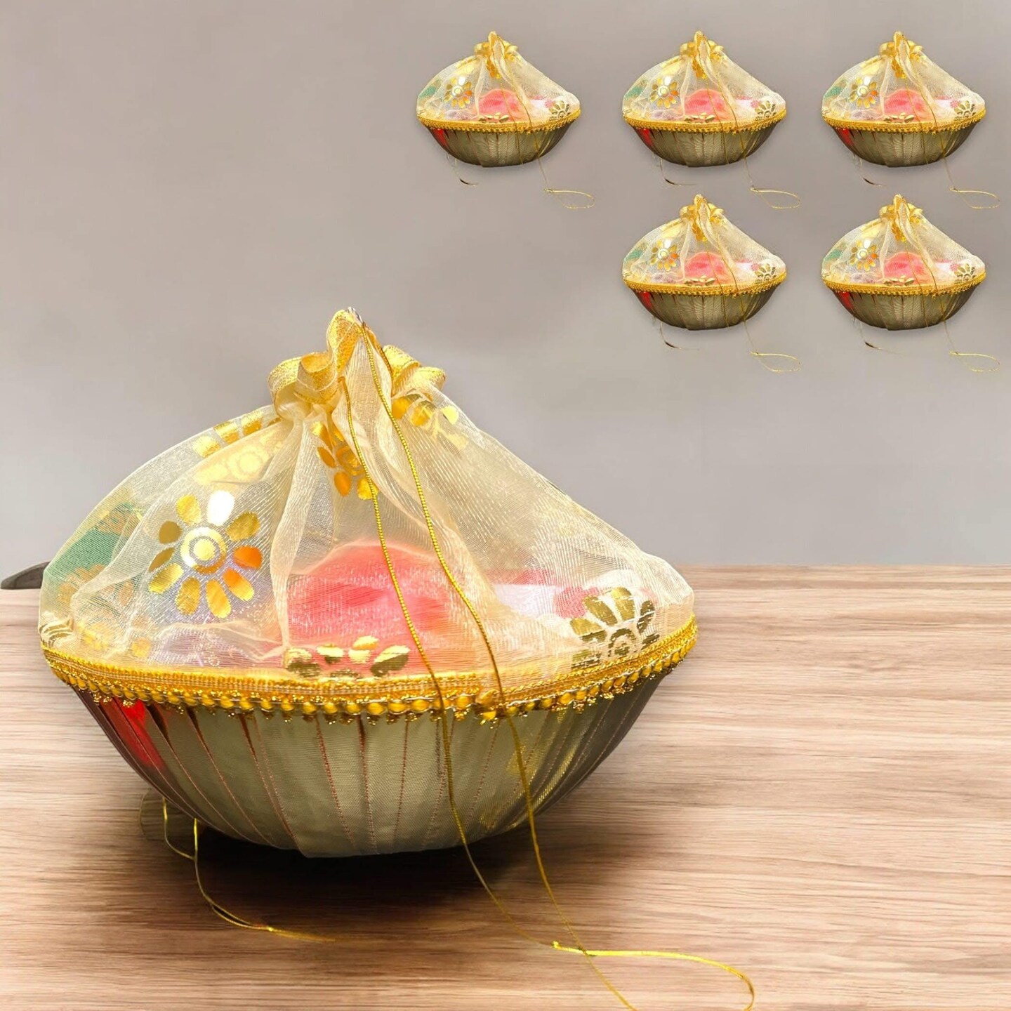 5ct - 6inch Handmade Decorated Gift Basket with Readymade Net Packing for Indian Wedding Baby Shower Engagement Diwali Housewarming Return Gifts - Baskets for Storage
