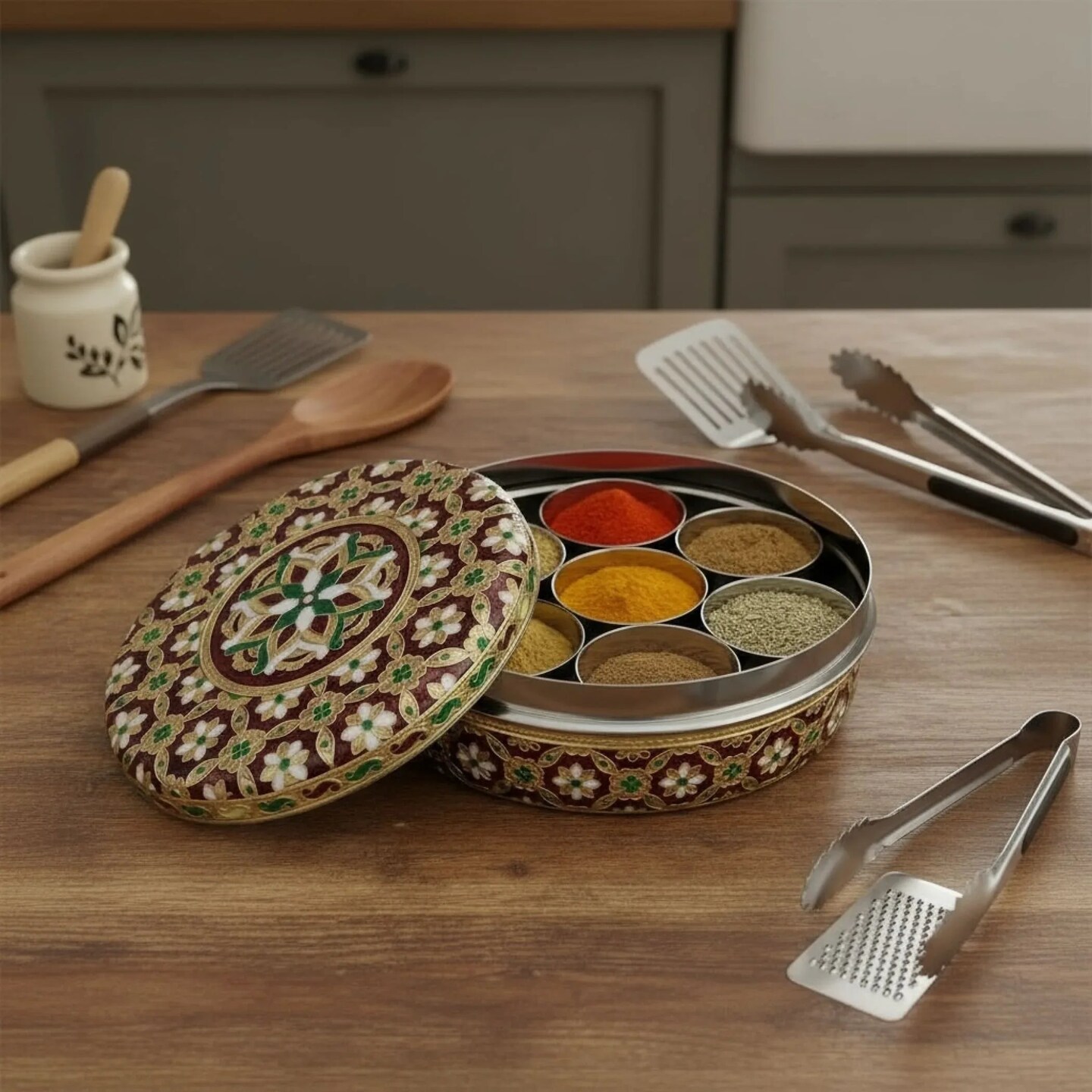 Meenakari Steel Indian Spices Box Designer Small Round Masala Box Spice Organizer Masala Dabba Kitchen Essentials Home Decor Housewarming Gift