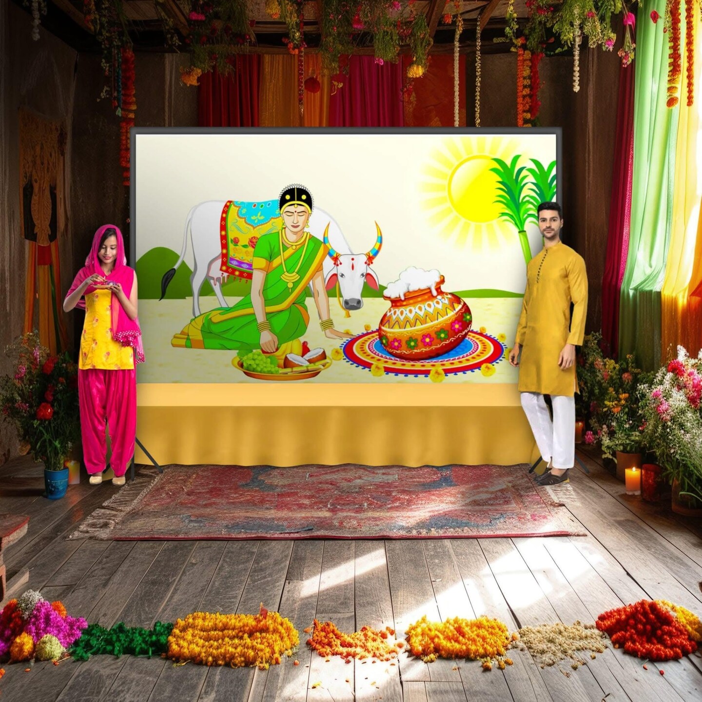 Happy Pongal Backdrop Banner 5x8 Feet Pongal Decor Indian Harvest Festival Background Holiday Banner Wall Backdrop for Photography Pongal Ugadi Party Celebration - Decorative Photo Props