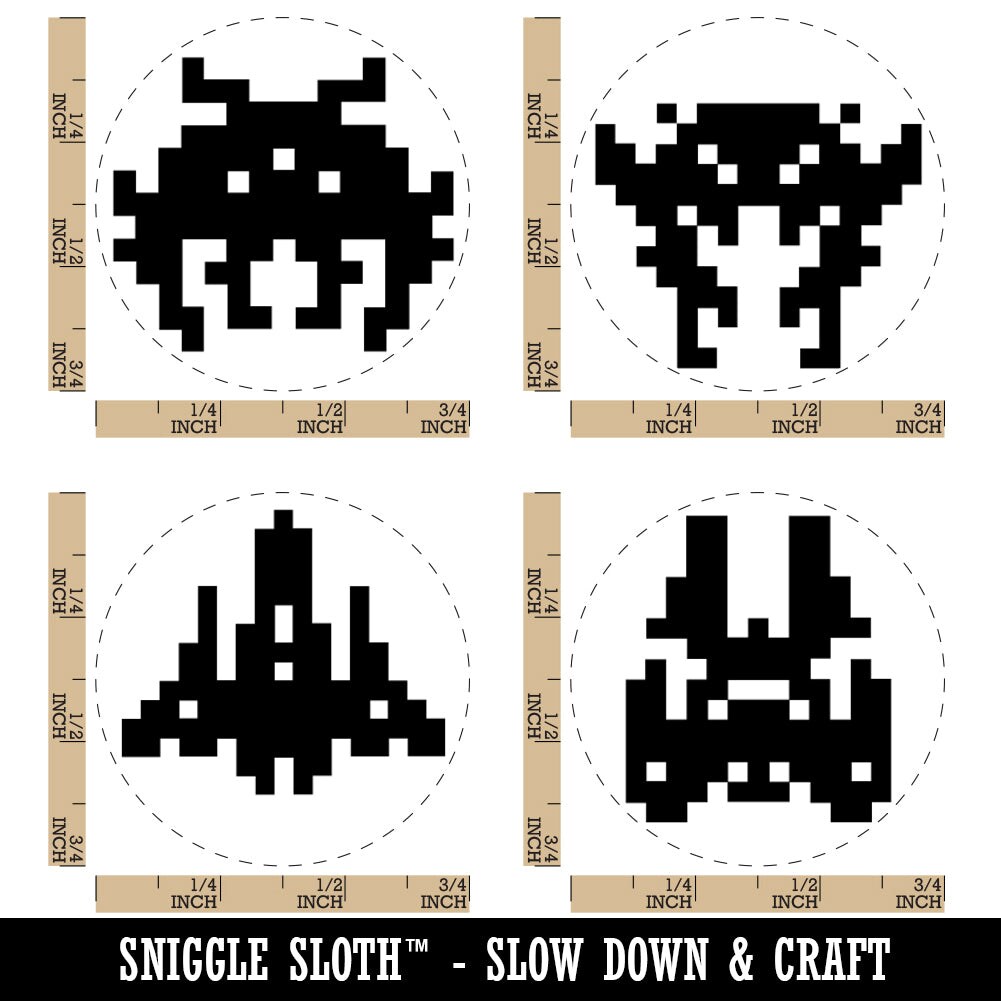 Retro Gaming Invaders Aliens from Space Rocket Ship Rubber Stamp Set for Stamping Crafting Planners