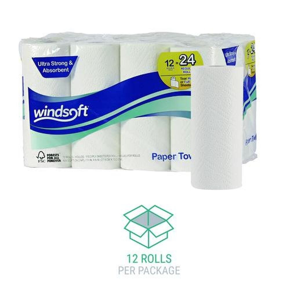 Windsoft 11 in. x 6 in. 2-Ply Premium Kitchen Roll Towels - White (110/Roll, 12 Rolls/Carton)