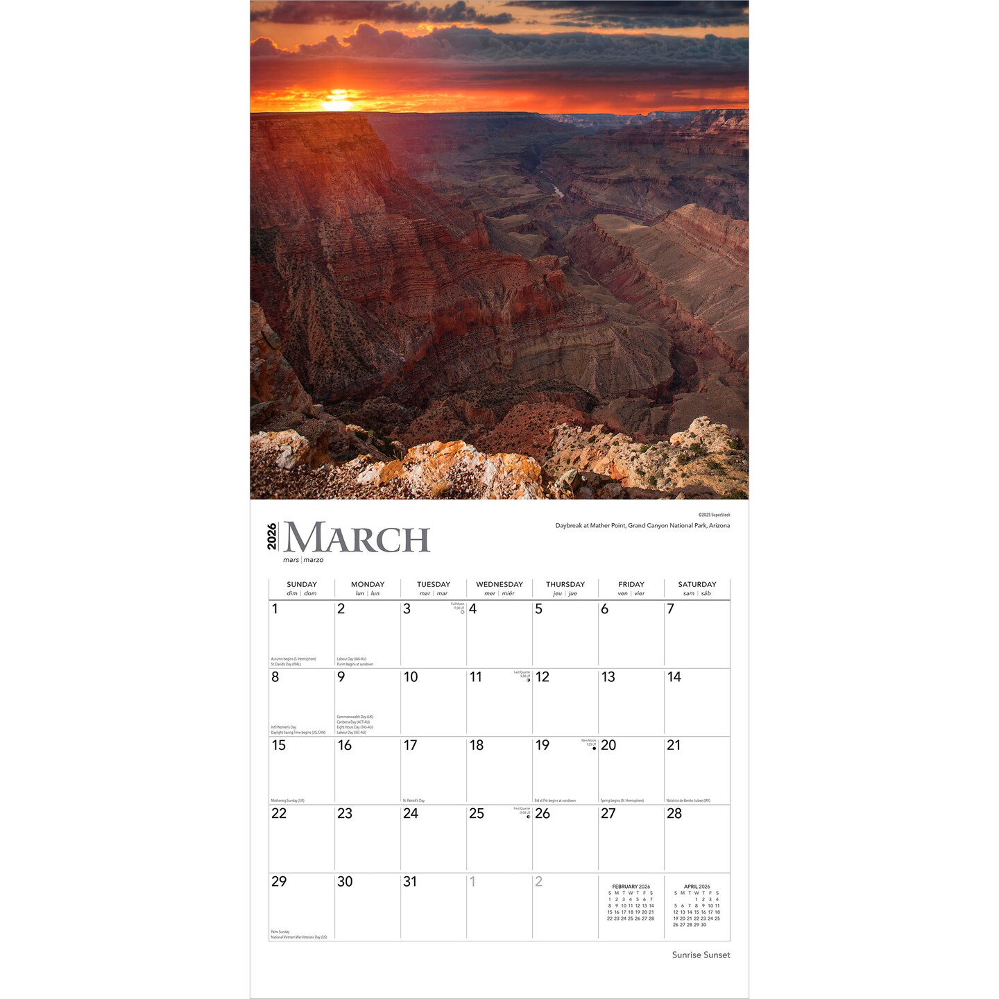 Sunrise Sunset | 2026 12 x 24 Inch (Hanging) Monthly Square Wall Calendar | Plastic-Free