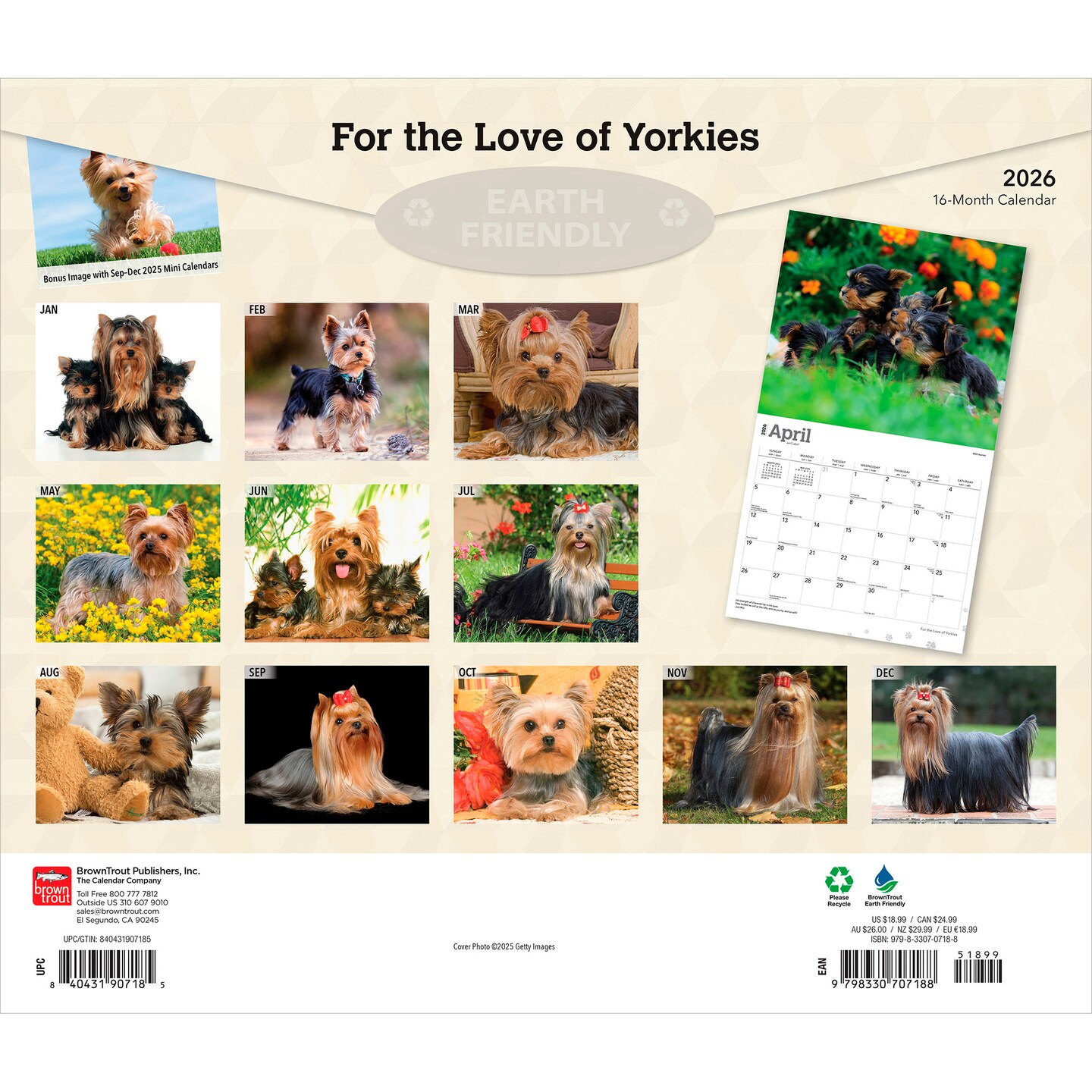 For the Love of Yorkshire Terriers | 2026 14 x 24 Inch (Hanging) Monthly Deluxe Wall Calendar | Foil Stamped Cover | Plastic-Free