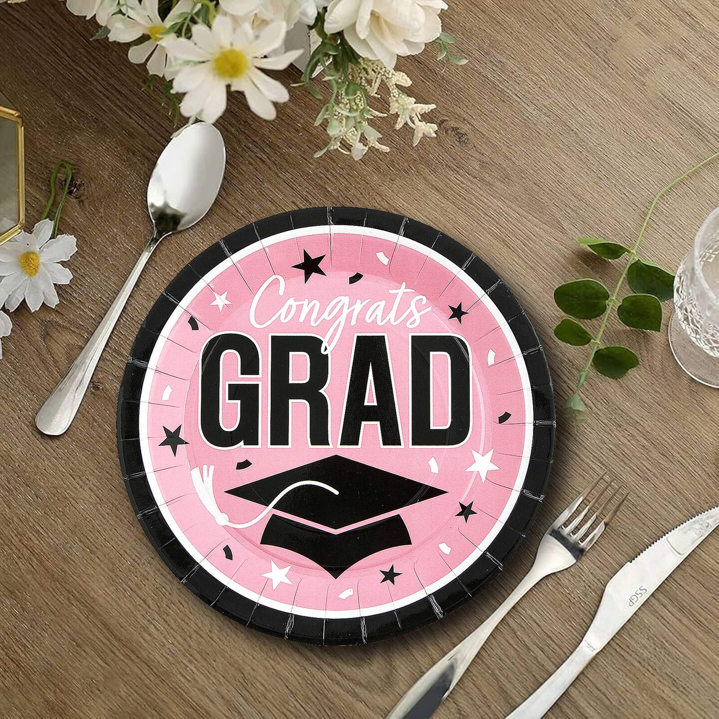 25 Count Pink Congrats Grad 9 Inch Paper Plates for Fun Graduation Party Supplies