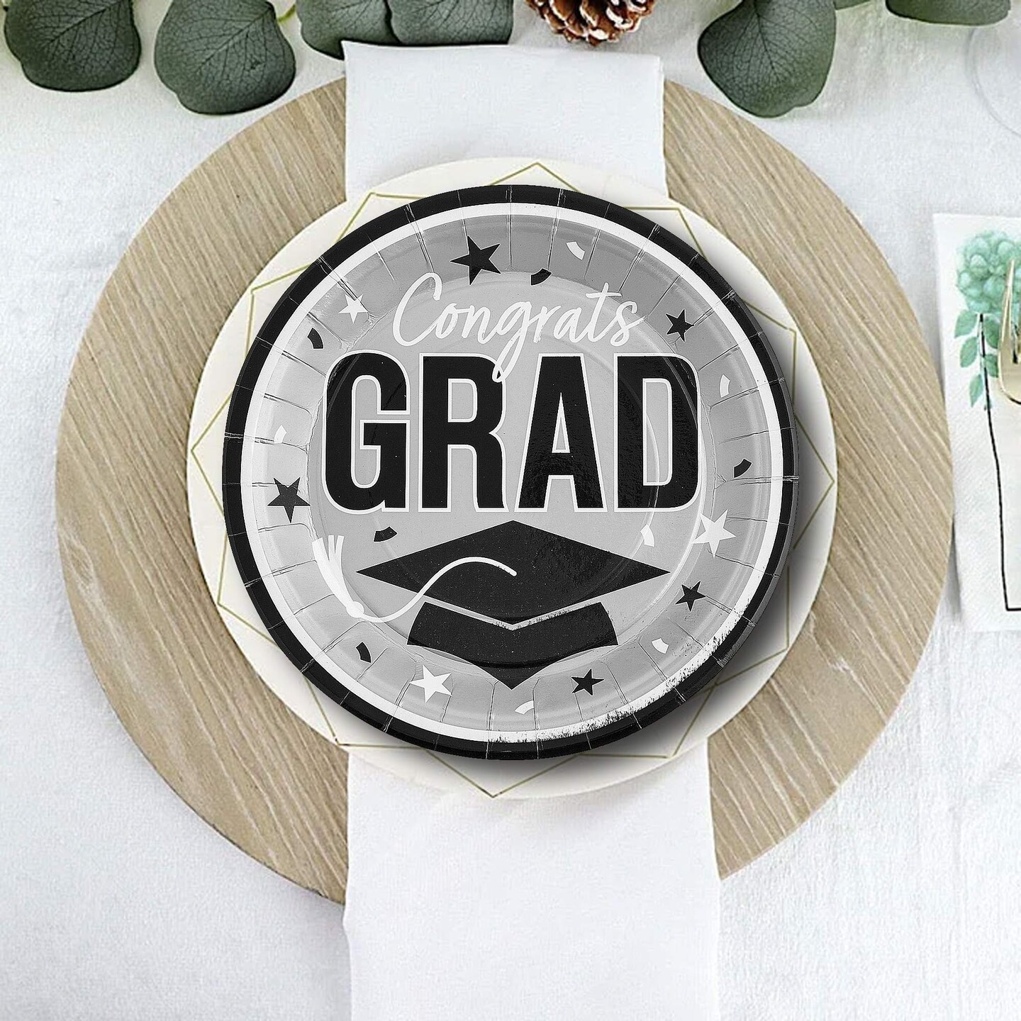 25 Count Silver Congrats Grad 9 Inch Round Plates for Elegant Graduation Party Decor