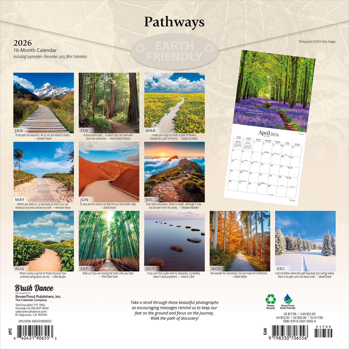 Pathways | 2026 12 x 24 Inch (Hanging) Monthly Square Wall Calendar | Plastic-Free