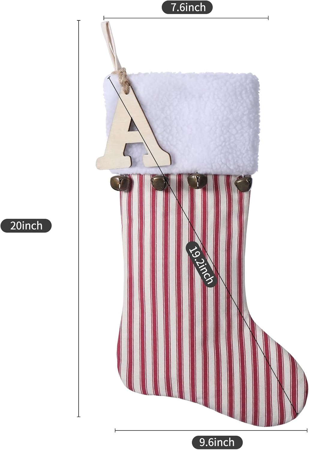 19.5 inch Red Vertical Stripe Christmas Stocking w/Bells, Personalized Wooden Initial Monogram Christmas Stocking, Holiday Xmas Party Decorations (J)