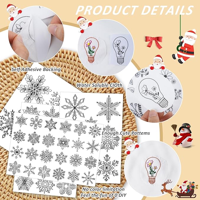CRASHOT 4 Sheets Christmas Stick and Stitch Embroider Paper Wash Away, 48 Pcs Winter Snowflakes Embroidery Patterns, Suprise Hand Sewing Lover