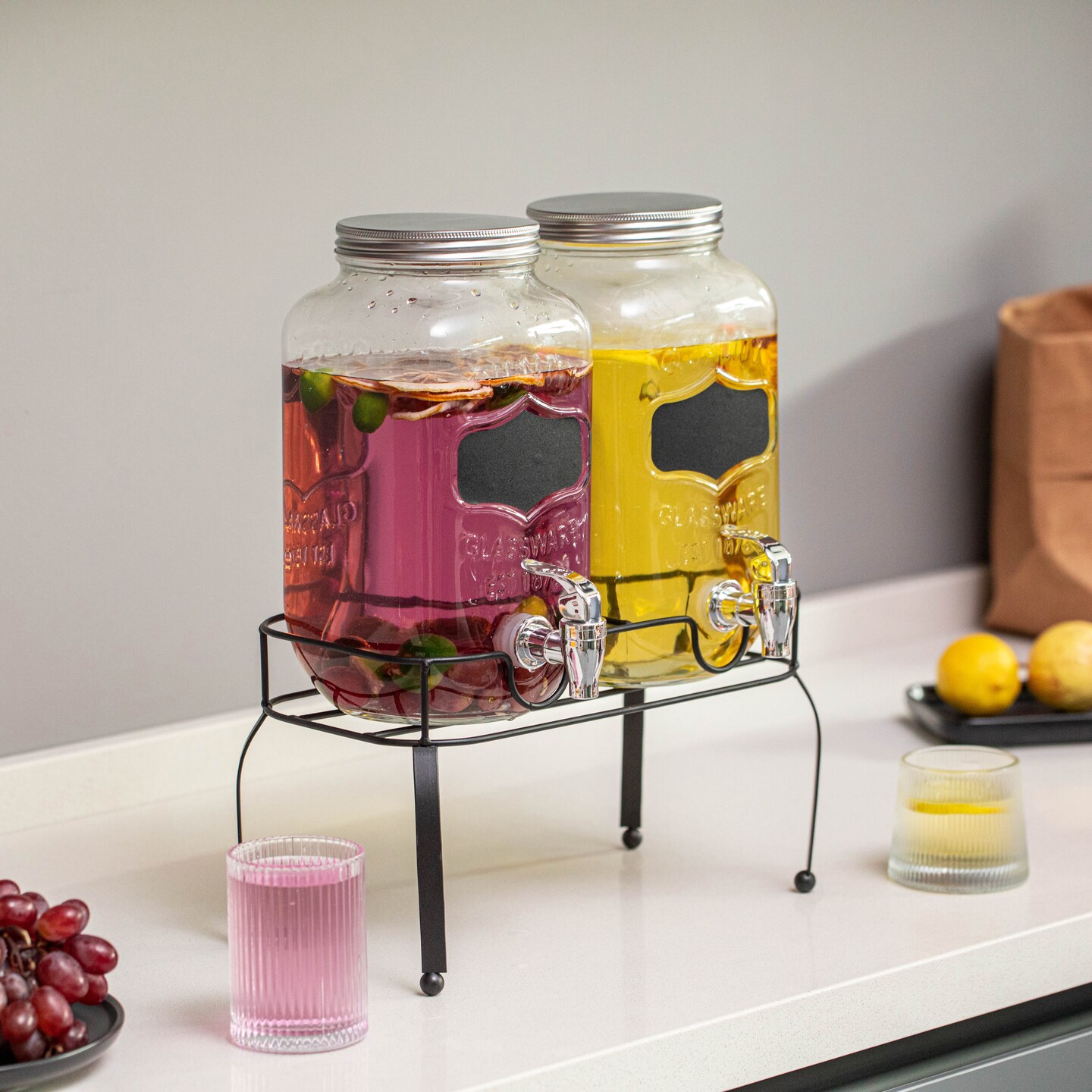 Basicwise 2-Pcs Glass Drink Dispenser Set - Ideal for Serving Beverages, Water, Lemonade and Juice at Picnics, Camping Trips, Wedding and Parties