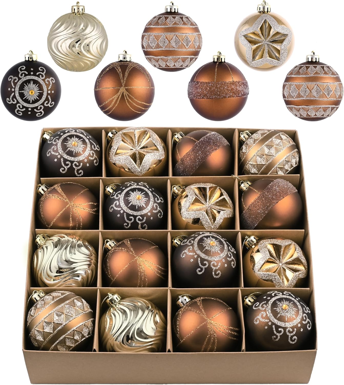 Ornaments for Christmas Tree Decorations, 16ct Bronze Copper and Gold Shatterproof Fall Christmas Tree Ornaments Set, 3.15 Inches Luxury Brown Hanging Ball Decor Bulk for Xmas