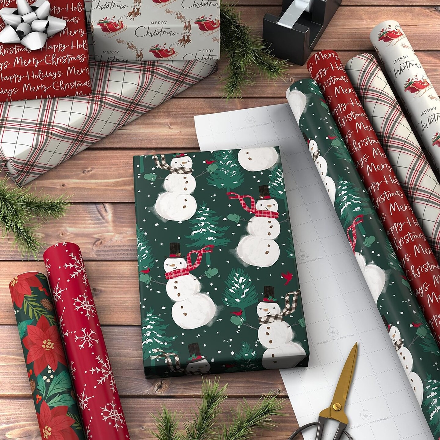 Rustic Recyclable Christmas Wrapping Paper (6 Rolls: 180 Sq. Ft. Total) Red, White and Hunter Green Plaid, Poinsettias, Snowflakes, &#x22;Merry Christmas,&#x22; Snowman, Santa